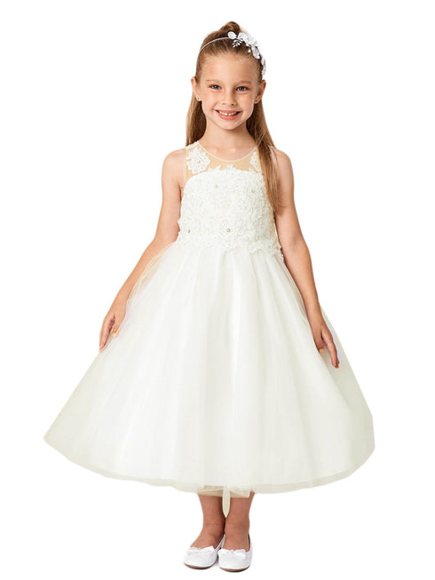 Big Girls Ivory Illusion Neck Embroidered Tulle Bow Junior Bridesmaid Dress 8-14 - SophiasStyle.com