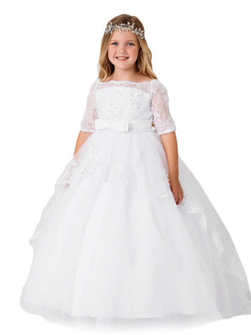 Girls Multi Color Off Shoulder Lace Peplum Long Tail Communion Dress 2-16 - SophiasStyle.com