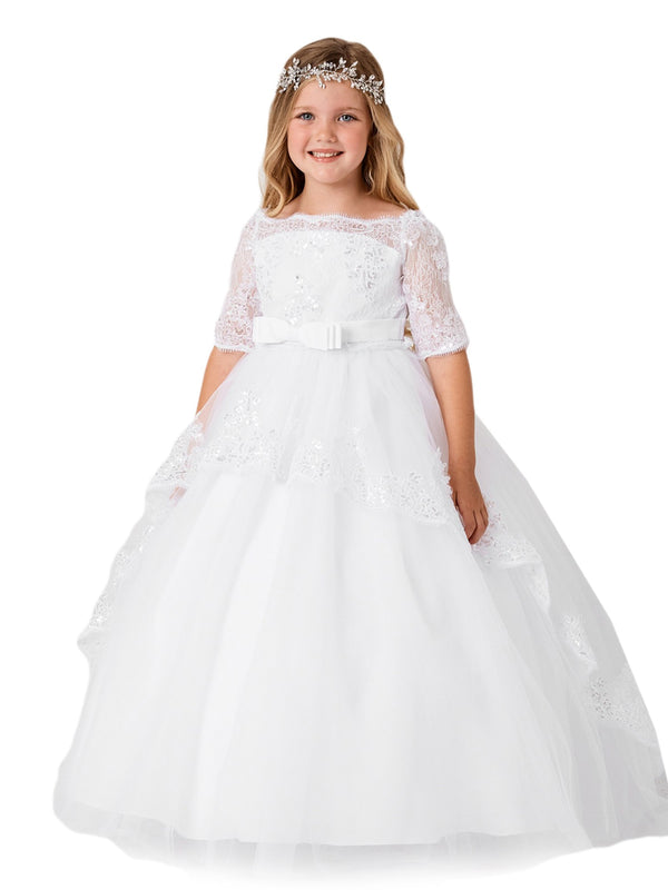 Girls Multi Color Off Shoulder Lace Peplum Long Tail Communion Dress 2-16 - SophiasStyle.com