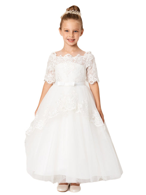 Girls Multi Color Off Shoulder Lace Peplum Long Tail Communion Dress 2-16 - SophiasStyle.com
