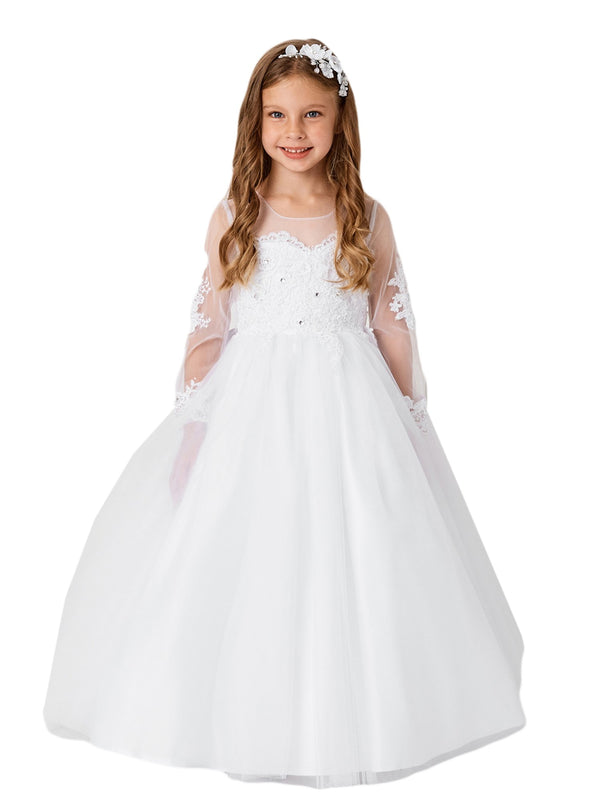 Girls Multi Color Lace Applique Long Sleeves Train Communion Dress 2-14 - SophiasStyle.com