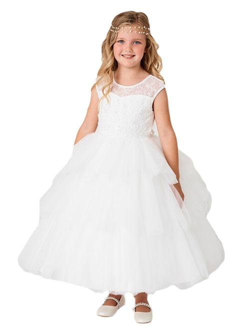 Girls Multi Colors Illusion Neckline Floral Layered Junior Bridesmaid Dress 2-16 - SophiasStyle.com
