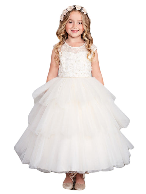 Girls Multi Colors Illusion Neckline Floral Layered Junior Bridesmaid Dress 2-16 - SophiasStyle.com