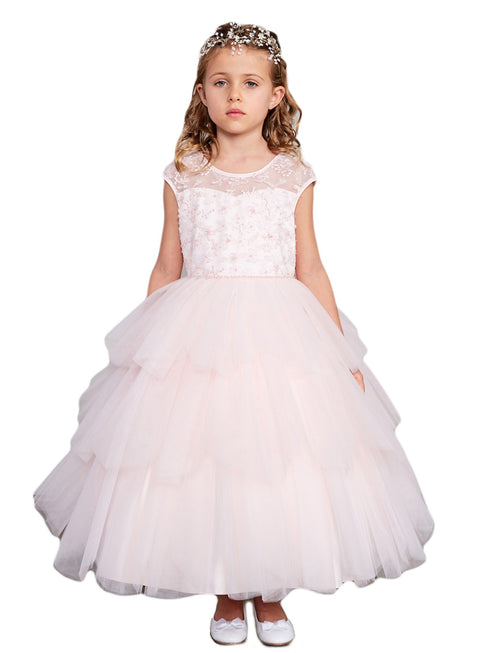 Girls Multi Colors Illusion Neckline Floral Layered Junior Bridesmaid Dress 2-16 - SophiasStyle.com