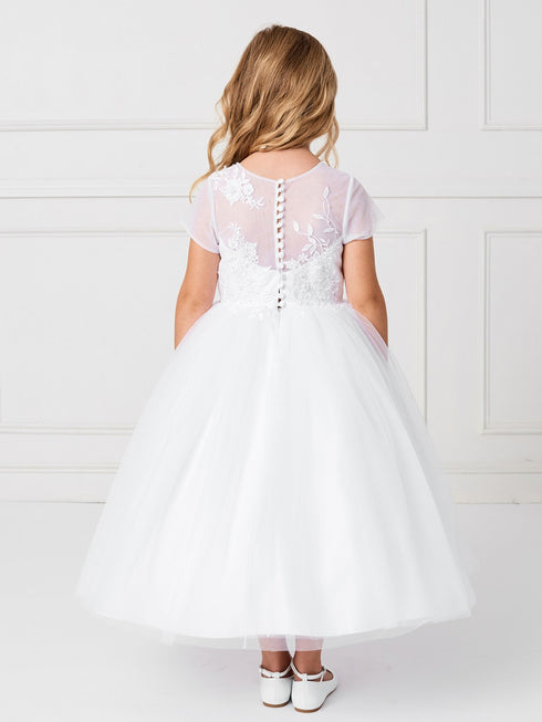 Big Girls White Illusion Neck Floral Cap Sleeves Plus Size Communion Dress 6.5-20X - SophiasStyle.com