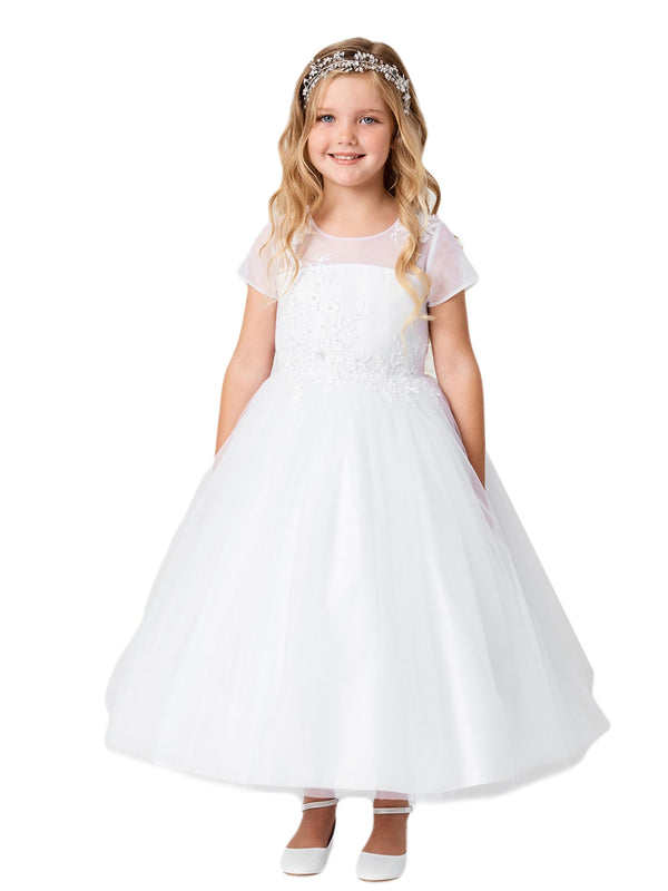Big Girls White Illusion Neck Floral Cap Sleeves Plus Size Communion Dress 6.5-20X - SophiasStyle.com