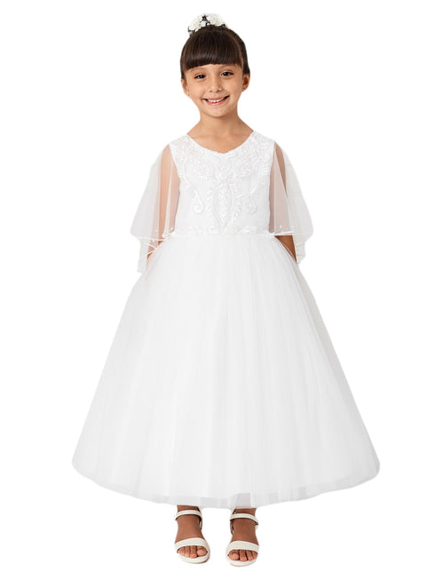 Girls Multi Color Lace Applique Cape Mesh Overlay Communion Dress 2-12 - SophiasStyle.com