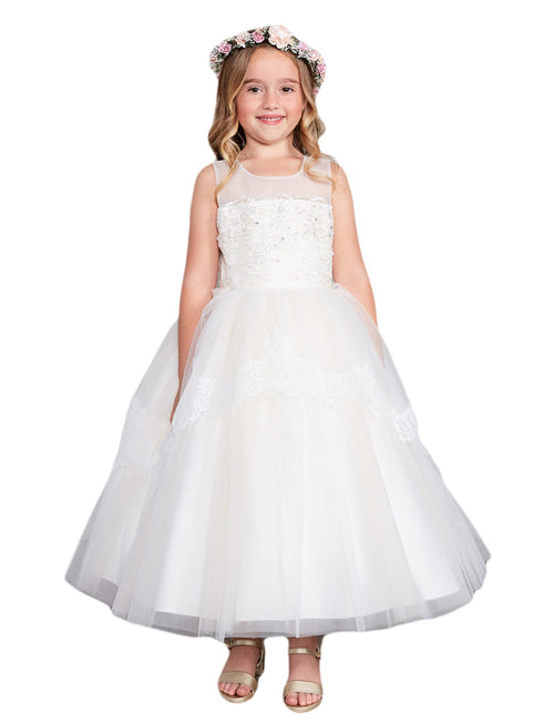 Girls Multi Color Illusion Neckline Lace Peplum Junior Bridesmaid 2-16 - SophiasStyle.com