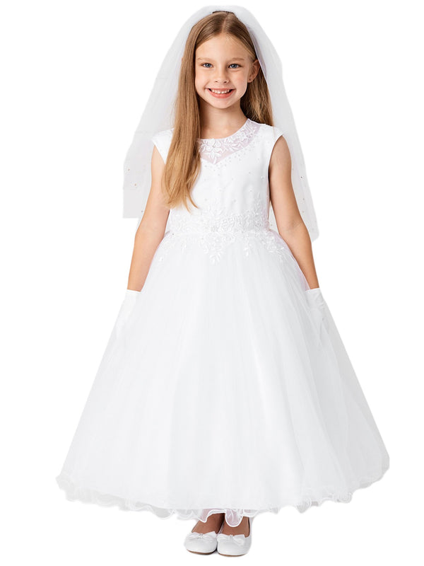 Big Girls White Lace Illusion Neck Pearls Tulle Communion Dress 7-18 - SophiasStyle.com