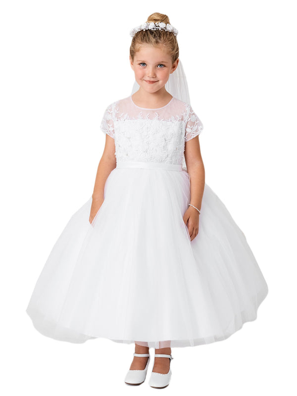Little Girls White Cap Sleeved Lace Illusion Neck Flower Girl Dress 2-6 - SophiasStyle.com
