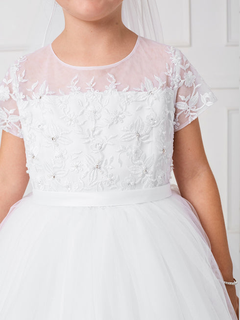Little Girls White Cap Sleeved Lace Illusion Neck Flower Girl Dress 2-6 - SophiasStyle.com