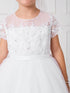 Little Girls White Cap Sleeved Lace Illusion Neck Flower Girl Dress 2-6 - SophiasStyle.com