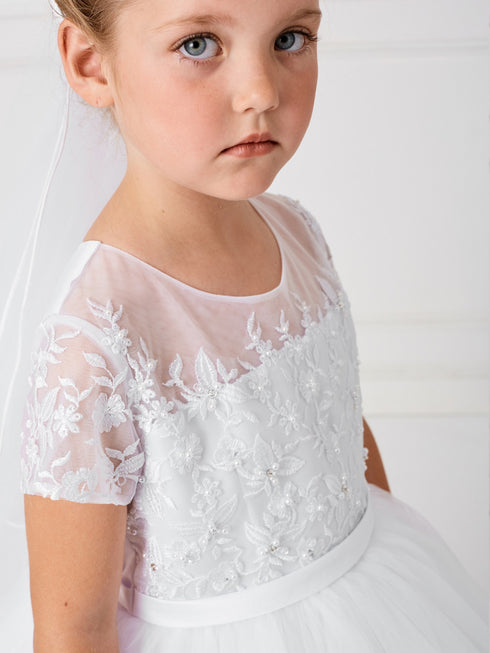 Little Girls White Cap Sleeved Lace Illusion Neck Flower Girl Dress 2-6 - SophiasStyle.com