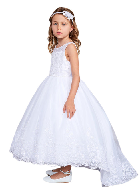 Girls Multi Color Sleeveless Lace Hem Tail Communion Dress 2-16 - SophiasStyle.com