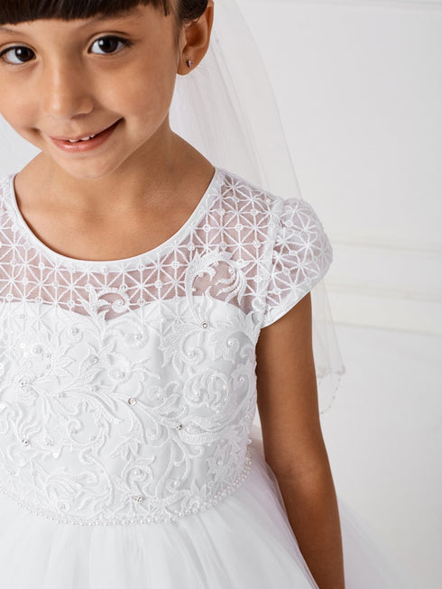 Big Girls White Cap Sleeved Antique Lace Mesh Communion Dress 7-18 - SophiasStyle.com