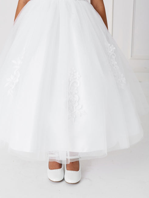 Big Girls White Cap Sleeved Antique Lace Mesh Communion Dress 7-18 - SophiasStyle.com