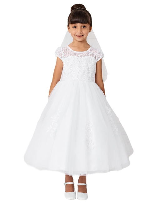 Big Girls White Cap Sleeved Antique Lace Mesh Communion Dress 7-18 - SophiasStyle.com
