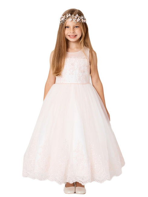Girls Multi Color Lace Bodice Illusion Neck Tulle Junior Bridesmaid 2-14 - SophiasStyle.com