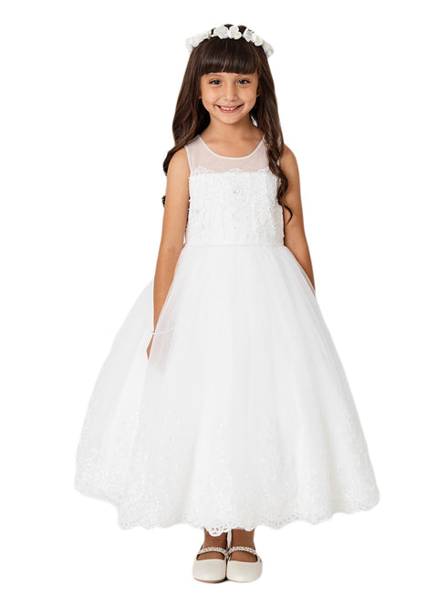 Girls Multi Color Lace Bodice Illusion Neck Tulle Junior Bridesmaid 2-14 - SophiasStyle.com