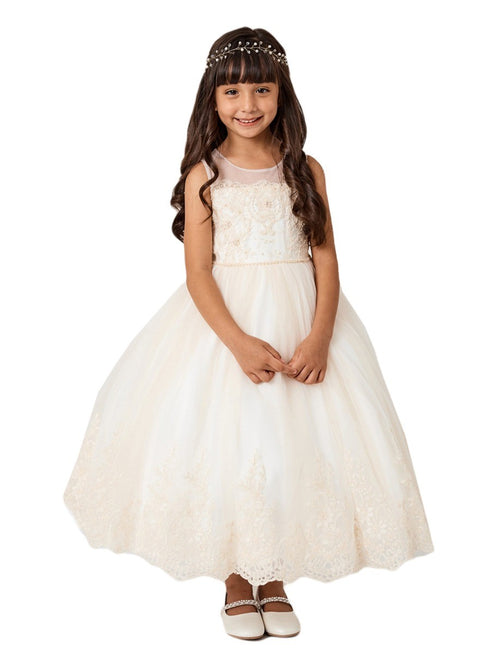 Girls Multi Color Lace Bodice Illusion Neck Tulle Junior Bridesmaid 2-14 - SophiasStyle.com