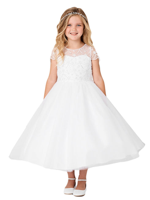 Girls Multi Color Illusion Neck Cap Sleeves Beaded Tulle Communion Dress 2-16 - SophiasStyle.com