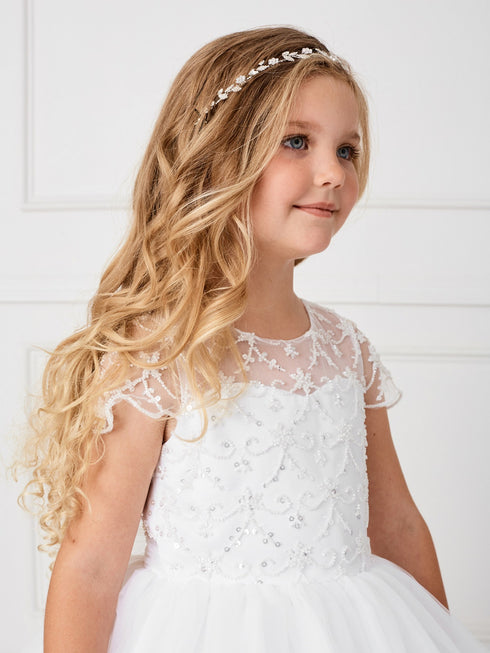 Big Girls Ivory Illusion Neck Cap Sleeves Beaded Tulle Communion Dress 8-16 - SophiasStyle.com
