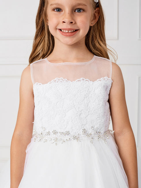 Big Girls White Illusion Neck Lace Tulle Overlay Communion Dress 8-14 - SophiasStyle.com