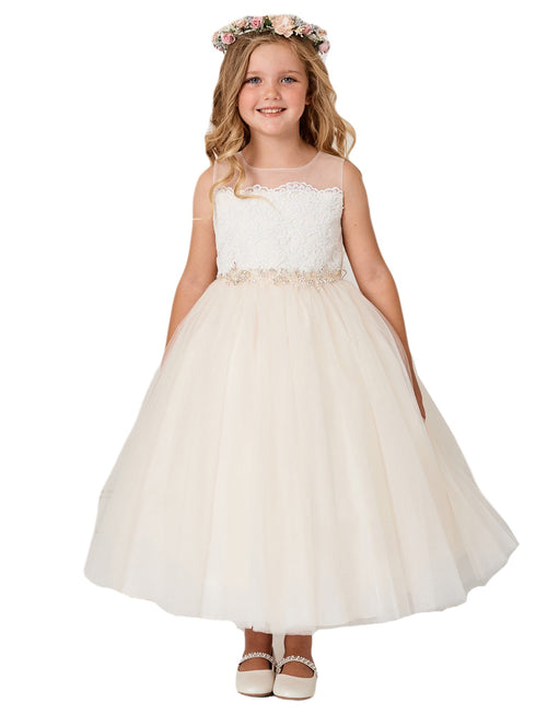 Little Girls Champagne Illusion Neck Lace Tulle Overlay Flower Girl Dress 2-6 - SophiasStyle.com