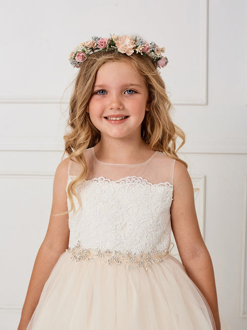 Little Girls Champagne Illusion Neck Lace Tulle Overlay Flower Girl Dress 2-6 - SophiasStyle.com