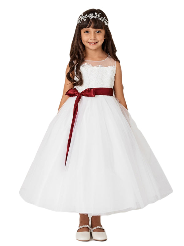 Big Girls Ivory Illusion Neck Lace Tulle Overlay Communion Dress 8-14 - SophiasStyle.com