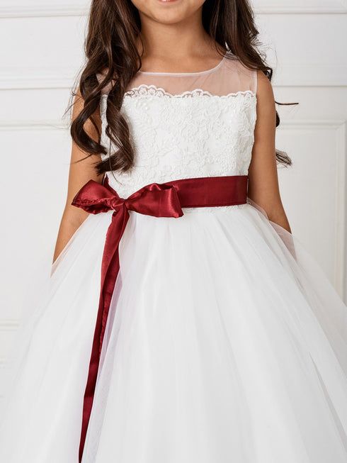 Big Girls Ivory Illusion Neck Lace Tulle Overlay Communion Dress 8-14 - SophiasStyle.com