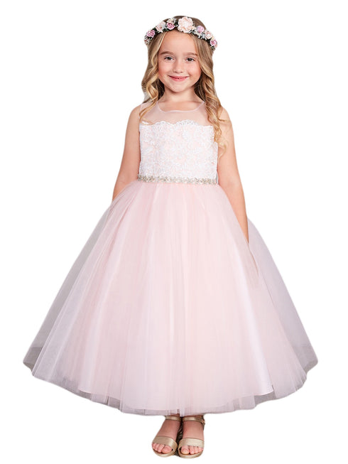 Little Girls Blush Illusion Neck Lace Tulle Overlay Flower Girl Dress 2-6 - SophiasStyle.com
