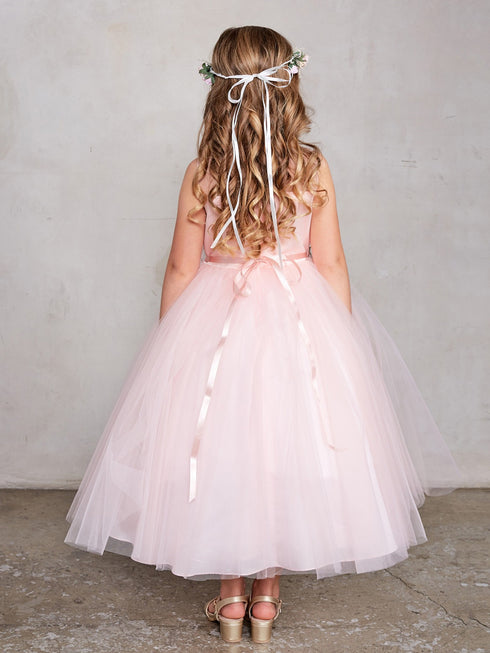 Big Girls Blush Illusion Neck Lace Tulle Overlay Junior Bridesmaid Dress 8-14 - SophiasStyle.com