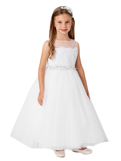 Big Girls White Illusion Neck Lace Tulle Overlay Communion Dress 8-14 - SophiasStyle.com