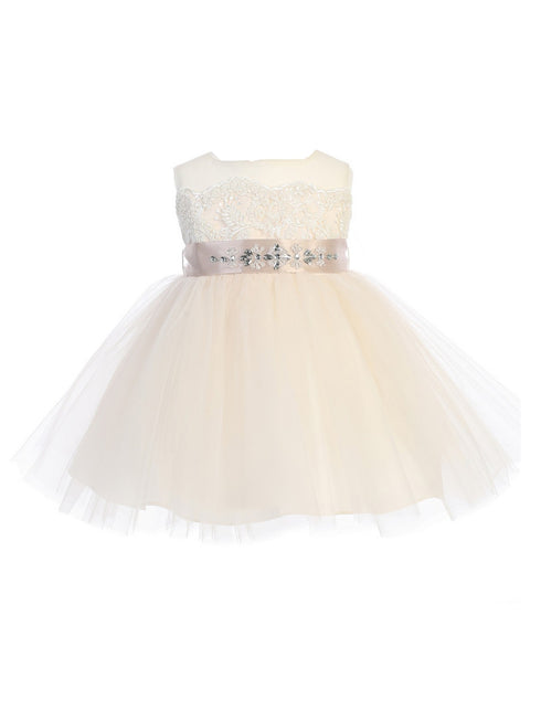 Baby Girls Blush Illusion Neck Lace Tulle Overlay Flower Girl Dress 6M-24M - SophiasStyle.com