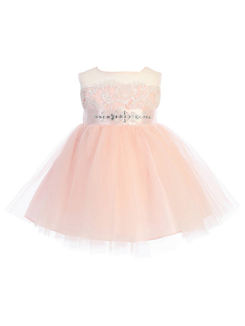 Baby Girls Champagne Illusion Neck Lace Tulle Overlay Flower Girl Dress 6M-24M - SophiasStyle.com