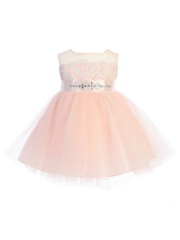Baby Girls Champagne Illusion Neck Lace Tulle Overlay Flower Girl Dress 6M-24M - SophiasStyle.com