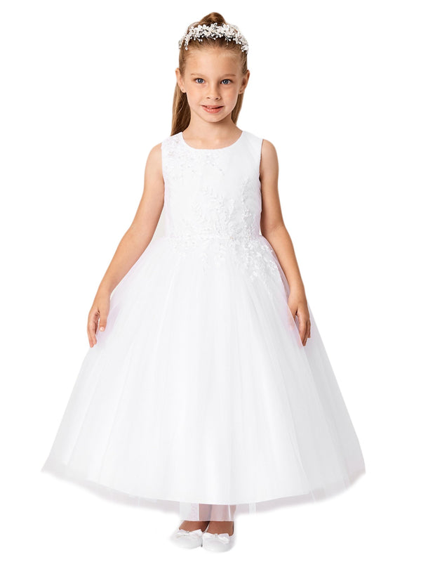 Big Girls Ivory Pleated Bodice Floral Applique Junior Bridesmaid Dress 8-14 - SophiasStyle.com