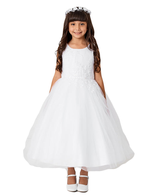 Big Girls White Pleated Bodice Floral Applique Junior Bridesmaid Dress 8-14 - SophiasStyle.com
