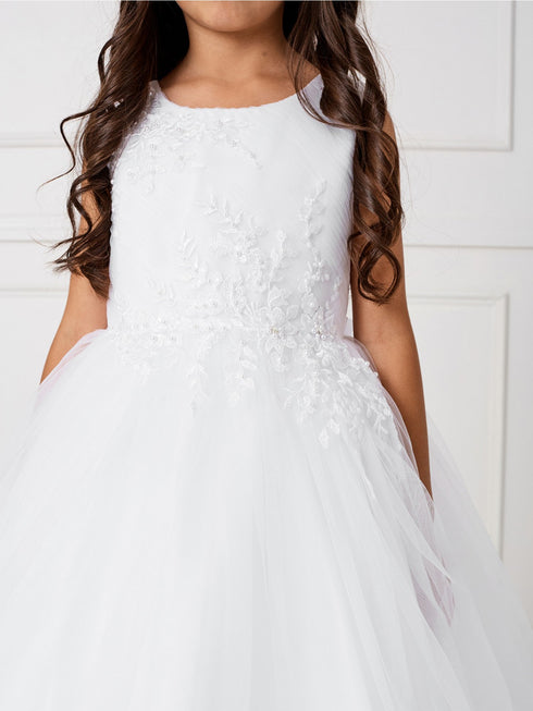 Big Girls White Pleated Bodice Floral Applique Junior Bridesmaid Dress 8-14 - SophiasStyle.com