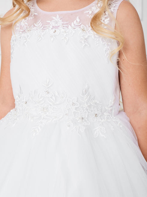 Big Girls White Illusion Neck Pleated Bodice Floral Junior Bridesmaid Dress 8-18 - SophiasStyle.com