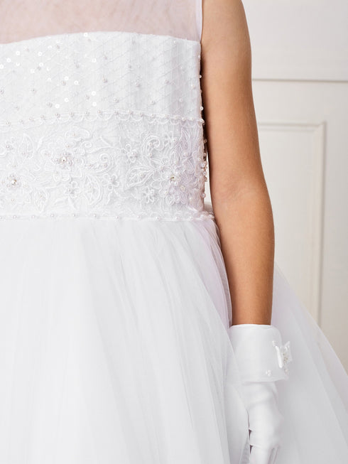 Little Girls White Illusion Neck Lace Pearls Flower Girl Dress 2-6 - SophiasStyle.com