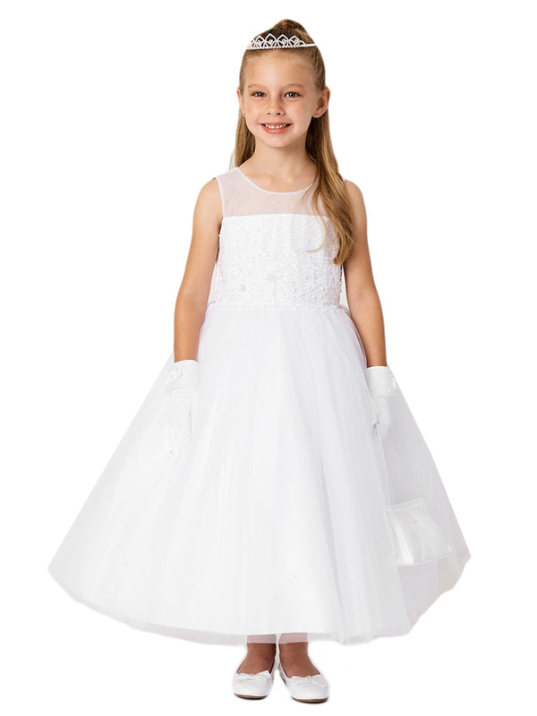 Little Girls White Illusion Neck Lace Pearls Flower Girl Dress 2-6 - SophiasStyle.com