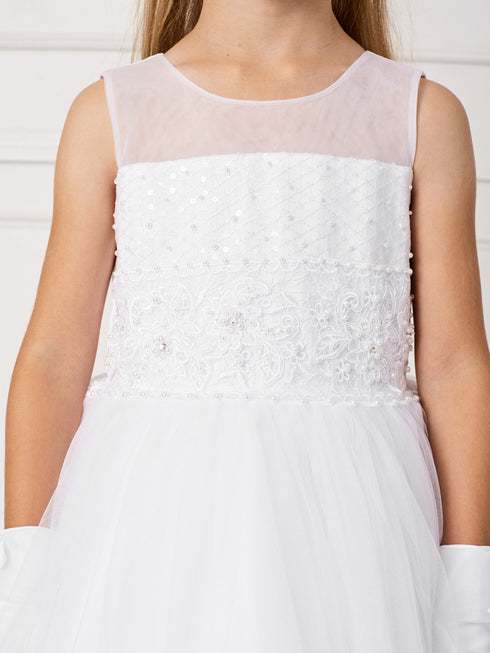 Big Girls White Illusion Neck Lace Pearls Junior Bridesmaid Dress 8-16 - SophiasStyle.com