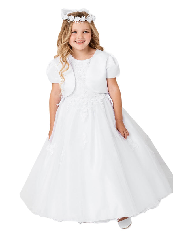 Big Girls White Lace Applique Satin Tulle Bolero Plus Size Communion Dress 6-20X - SophiasStyle.com
