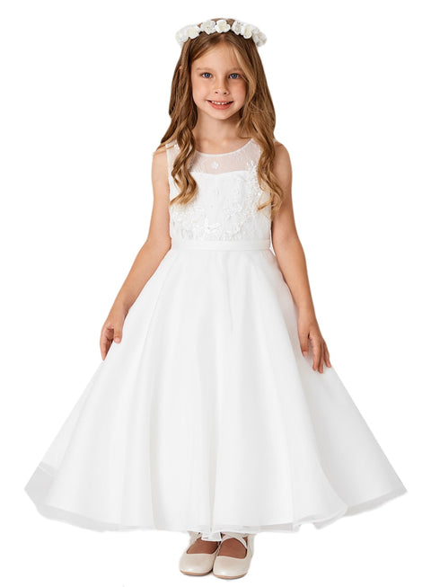 Girls Multi Color Lace Illusion Neck 3D Flowers Organza Communion Dress 2-14 - SophiasStyle.com