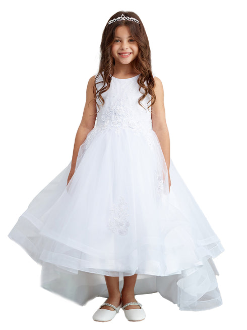 Big Girls White Pearl Rhinestone Lace Tail Skirt Junior Bridesmaid Dress 8-16 - SophiasStyle.com