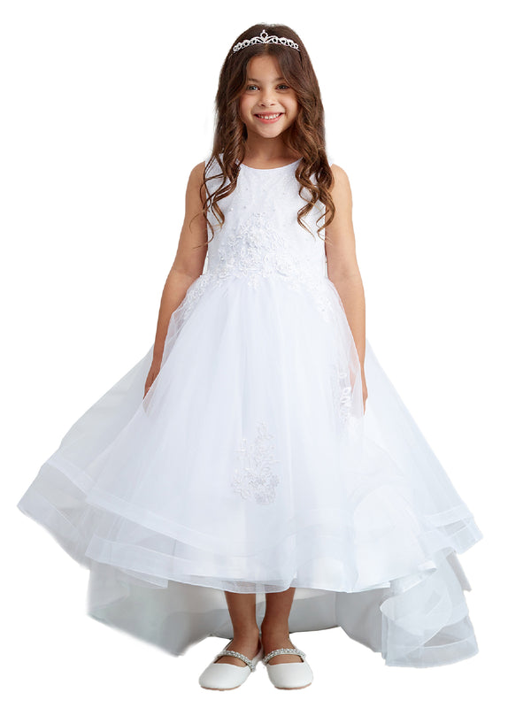 Big Girls White Pearl Rhinestone Lace Tail Skirt Junior Bridesmaid Dress 8-16 - SophiasStyle.com