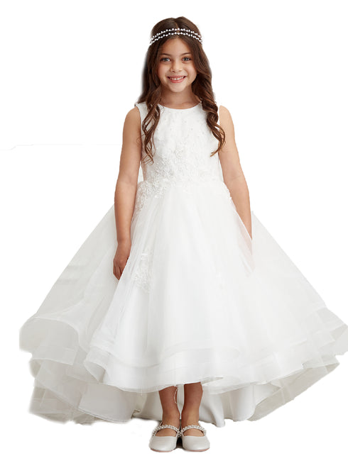 Little Girls Ivory Pearl Rhinestone Lace Tail Skirt Flower Girl Dress 2-6 - SophiasStyle.com