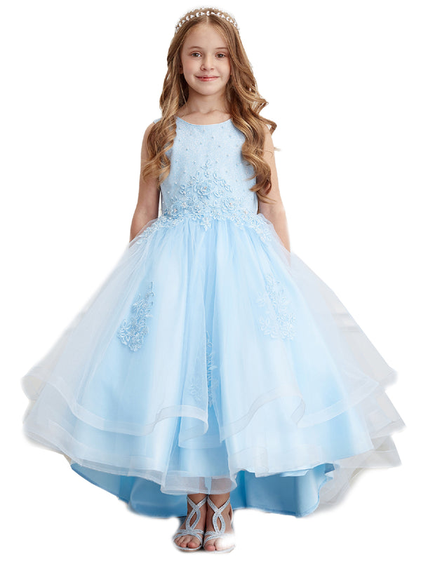 Little Girls Sky Blue Pearl Rhinestone Lace Tail Skirt Flower Girl Dress 2-6 - SophiasStyle.com